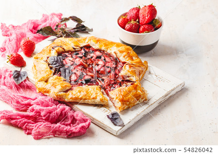 Summer strawberry pie cake galette. Top view 54826042