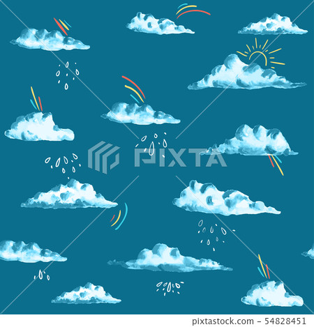 Clouds pattern. Seamless pattern with clouds rain, sun, rainbow for kids holidays. Cute baby shower Clouds pattern. Seamless pattern with clouds rain, sun, rainbow for kids holidays. Cute baby shower 54828451