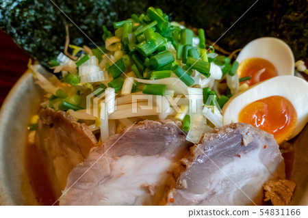 Close-up Pork bone seafood Ramen All Nose Vegetable Stuffed Okinawa Nanfuhara Noodle Path Kuroton Side Close-up Pork bone seafood Ramen All Nose Vegetable Stuffed Okinawa Nanfuhara Noodle Path Kuroton Side 54831166