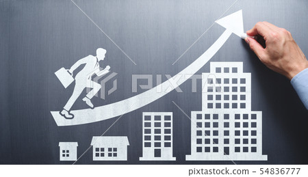The image of the plan of work success and career up. A man drawing on a blackboard a businessman running up an office building or arrow 54836777