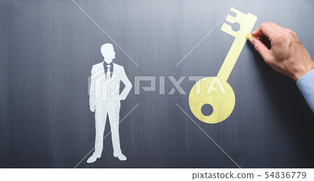 An image that gives advice and coaching for success. The key to the blackboard and the silly of the businessman looking at it An image that gives advice and coaching for success. The key to the blackboard and the silly of the businessman looking at it 54836779