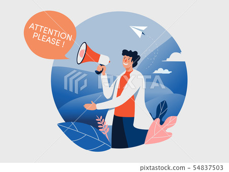 The man and megaphone with attention please word. The man and megaphone with attention please word. 54837503