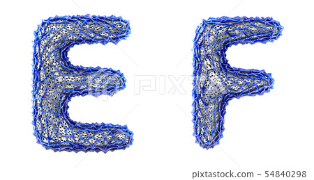 Realistic 3D letters set E, F made of blue plastic. 54840298