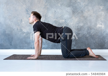 Young yogi men practices yoga asana bitilasana or cat cow pose 54840984
