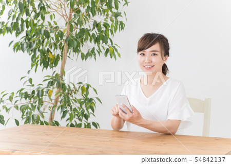 A woman happy to see a smartphone A woman happy to see a smartphone 54842137
