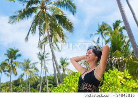 Portrait beautiful romantic woman lacy dress beach Portrait beautiful romantic woman lacy dress beach 54842816