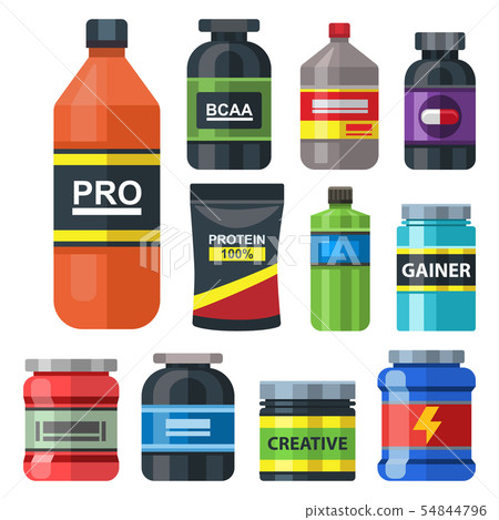 Bodybuilders gym athlete sport food diet symbols fitness nutrition protein powder drink illustration 54844796