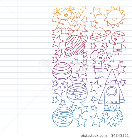Vector set of space elements icons in doodle style. Painted, colorful, pictures on a piece of paper Vector set of space elements icons in doodle style. Painted, colorful, pictures on a piece of paper 54845331
