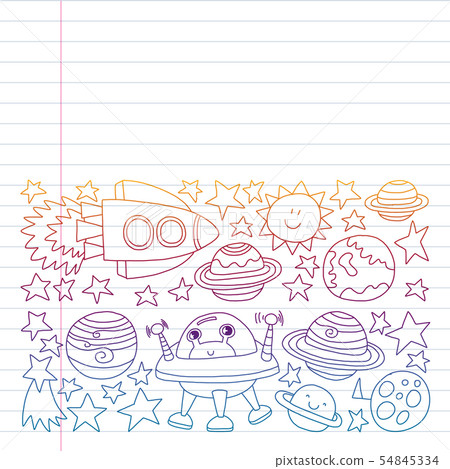 Vector set of space elements icons in doodle style. Painted, colorful, pictures on a piece of paper Vector set of space elements icons in doodle style. Painted, colorful, pictures on a piece of paper 54845334