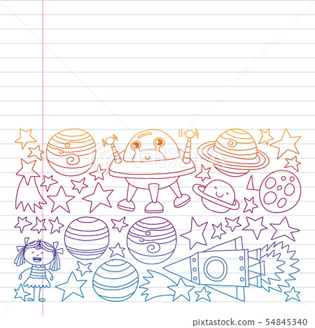 Vector set of space elements icons in doodle style. Painted, colorful, pictures on a piece of paper Vector set of space elements icons in doodle style. Painted, colorful, pictures on a piece of paper 54845340
