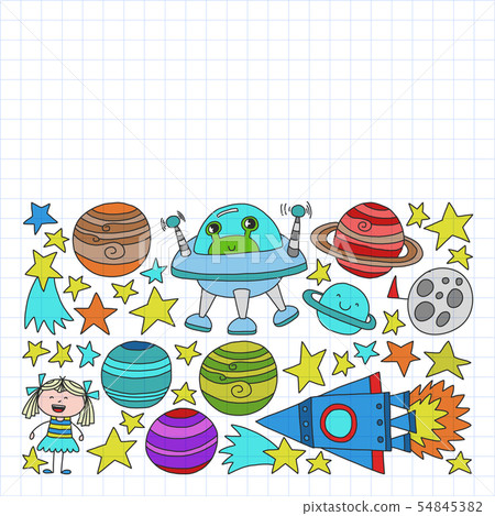 Vector set of space elements icons in doodle style. Painted, colorful, pictures on a piece of paper 54845382