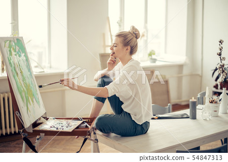 funny girl expresses her mood from painting 54847313