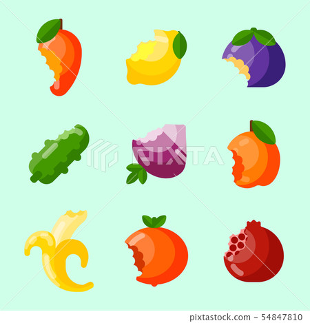 Bitten fruits vitamin food and vegetable cut nutrition agriculture bited by tooth fruits stamp Bitten fruits vitamin food and vegetable cut nutrition agriculture bited by tooth fruits stamp 54847810