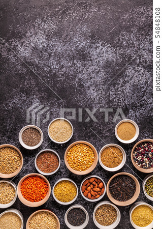 Set of different superfoods, top view. Set of different superfoods, top view. 54848108