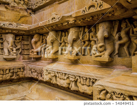 Carved scene with elephants, Kahjuraho, India  54849451