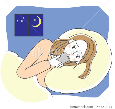 接觸智能手機的婦女的例證在上床前 接觸智能手機的婦女的例證在上床前 54850045