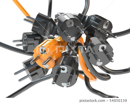 Unique orange electric plug in the heap of a black Unique orange electric plug in the heap of a black 54850139