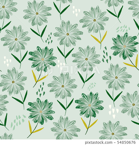 Tender green pattern with childish sketch flowers 54850676