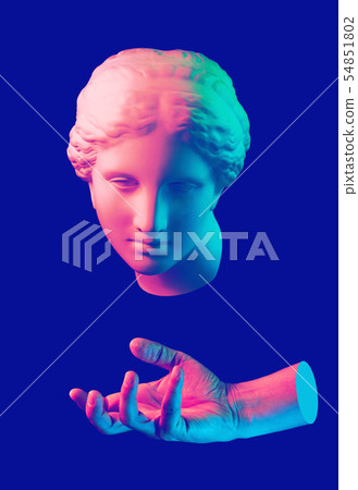 Modern conceptual art poster with ancient statue of bust of Venus and hands. Collage of contemporary 54851802