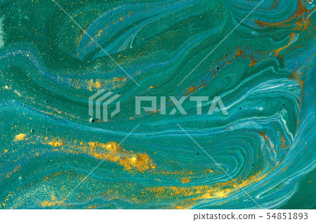 Liquid uneven blue and green marbling pattern with golden glitter and glare of light Liquid uneven blue and green marbling pattern with golden glitter and glare of light 54851893
