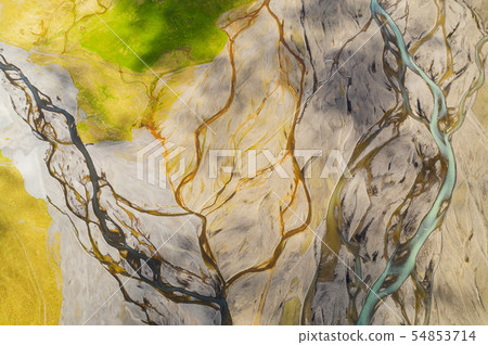 Beautiful aerial view of glacier river system in Iceland. 54853714