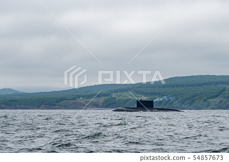 A line of modern russian military submarine cruisers in the row, northern fleet and baltic sea fleet 54857673