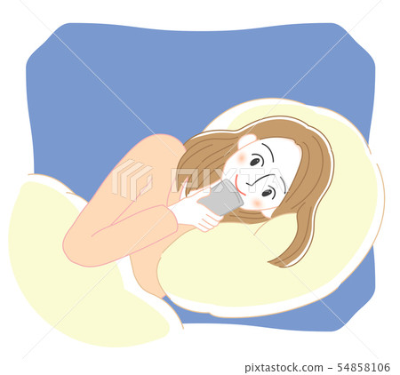 接觸一個智能手機的婦女的例證在床上 54858106