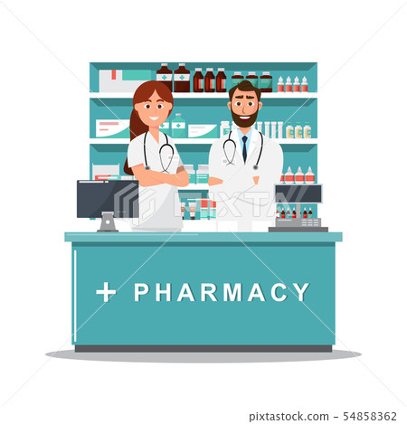 pharmacy with doctor and nurse in counter pharmacy with doctor and nurse in counter 54858362