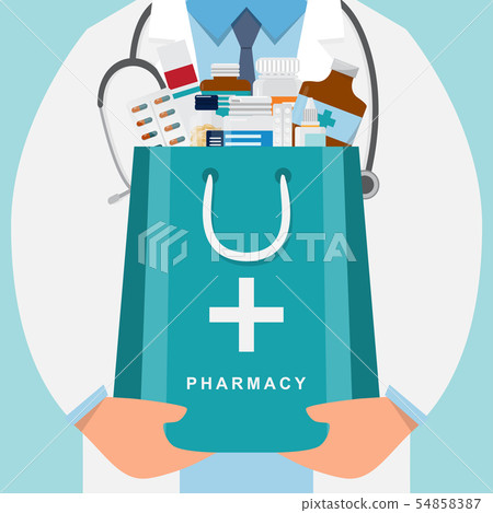 pharmacy background with doctor holding a medicine 54858387