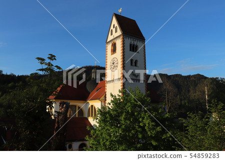 Blue sky clock tower Romantic Road Füssen Germany Blue sky clock tower Romantic Road Füssen Germany 54859283