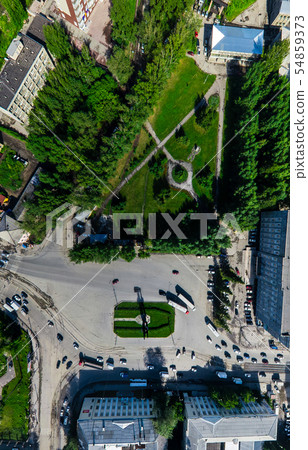 Aerial city view with crossroads and roads, houses buildings. Copter shot. Panoramic image. Aerial city view with crossroads and roads, houses buildings. Copter shot. Panoramic image. 54859373