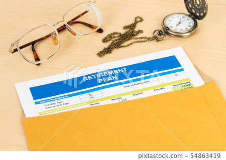 Retirement plan in envelope, document is mock-up Retirement plan in envelope, document is mock-up 54863419