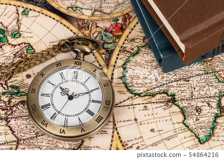 Vintage pocket watch clock on ancient map Vintage pocket watch clock on ancient map 54864216