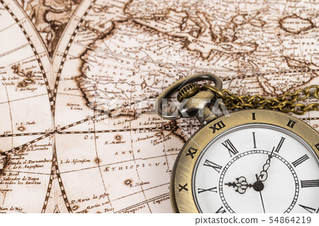 Vintage pocket watch clock on ancient map Vintage pocket watch clock on ancient map 54864219