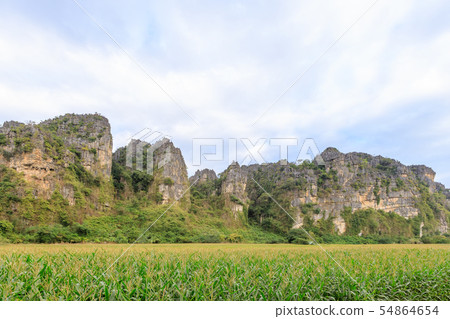 Beautiful limestome mountain range at Ban Mung Beautiful limestome mountain range at Ban Mung 54864654