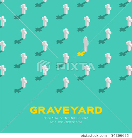 Graveyard with cross 3D isometric pattern, Graveyard with cross 3D isometric pattern, 54866625