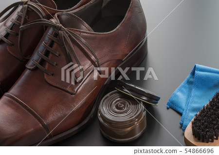 Italian brown leather shoes with care cream and brush Italian brown leather shoes with care cream and brush 54866696