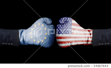 Boxing gloves with European Union and USA flag. Boxing gloves with European Union and USA flag. 54867643