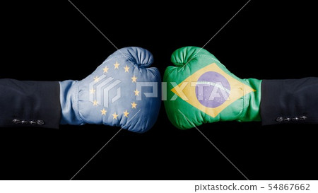 Boxing gloves with European Union and Brazil flag. 54867662