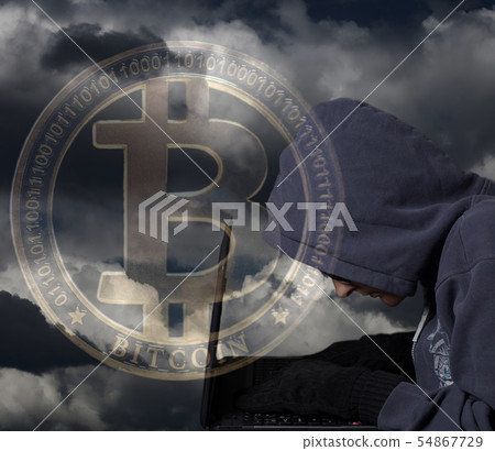 Crypto Hacker with laptop and bitcoin. Concept of Crypto Hacker with laptop and bitcoin. Concept of 54867729