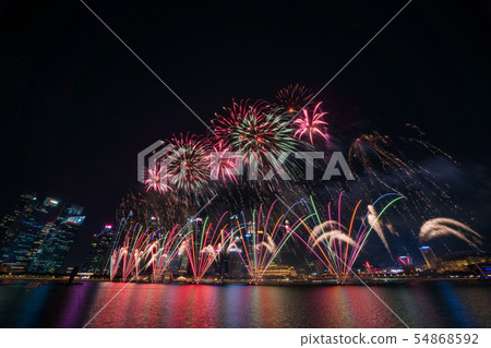 Singapore night view and fireworks 54868592