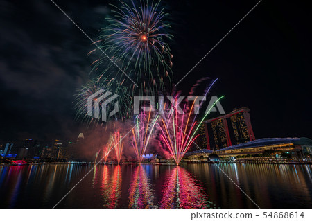 Singapore night view and fireworks 54868614