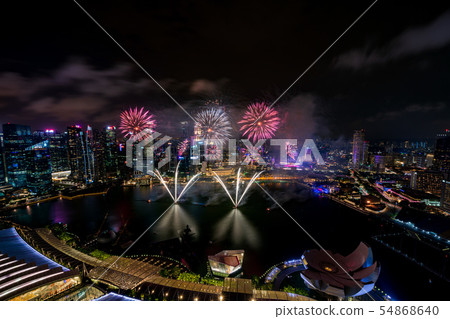 Singapore night view and fireworks 54868640