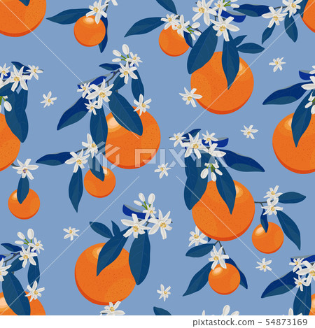 Orange fruits seamless pattern with flowers and - Stock Illustration ...