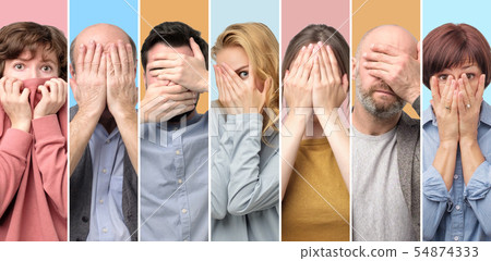 Collage of women and men covering face with hands over. Collage of women and men covering face with hands over. 54874333