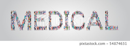 people crowd gathering in shape of medical word different occupation employees mix race workers 54874631