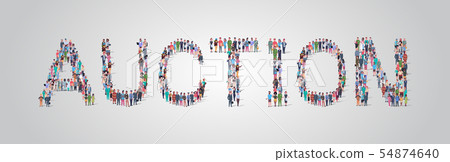 people crowd gathering in shape of auction word different occupation employees mix race workers 54874640