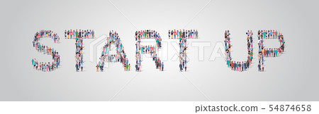 people crowd gathering in shape of start up word different occupation employees mix race workers 54874658