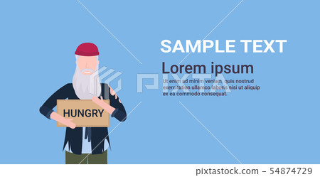 man beggar holding sign board with hungry text tramp begging for help homeless concept flat portrait 54874729