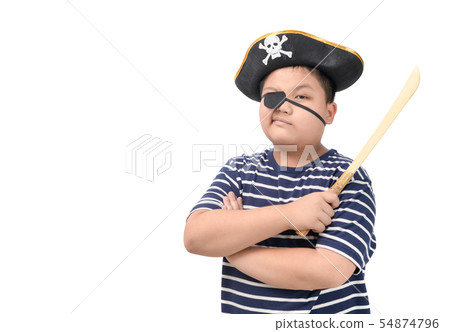 Portrait of fat pirate holding wooden sword Portrait of fat pirate holding wooden sword 54874796